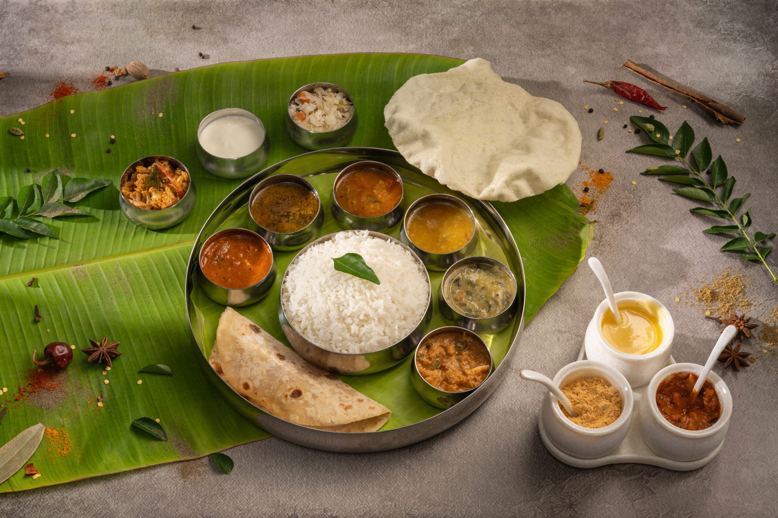 Vegetarian meals served on a banana leaf